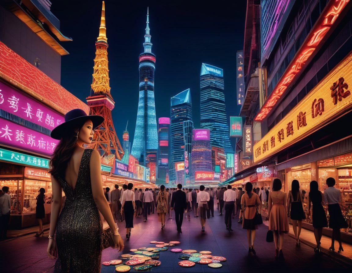 A stylish collage featuring iconic Asian landmarks like Tokyo Tower and Marina Bay Sands, infused with elements of high fashion such as designer hats and chic outfits. In the foreground, show a stack of fashionable betting chips adorned with elegant patterns, surrounded by vibrant neon lights symbolizing excitement. The background should include a bustling street scene, capturing the vibrant nightlife of Asia's premier betting destinations. super-realistic. vibrant colors. dynamic composition.