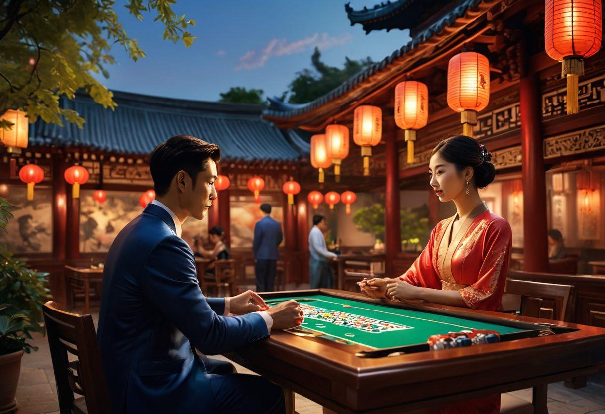 A visually striking scene depicting stylish sports betting in an elegant Asian setting, featuring well-dressed individuals enthusiastically interacting with high-tech betting screens and tables, surrounded by vibrant lanterns and lush greenery. Incorporate elements of traditional Asian architecture in the background, blending modernity and tradition. The atmosphere should exude excitement and elegance. super-realistic. vibrant colors. high detail.