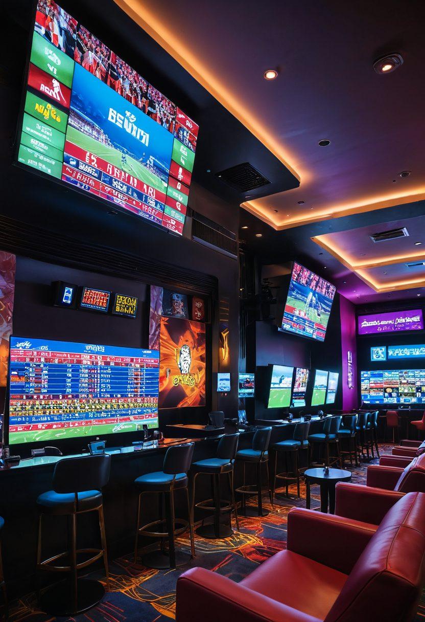 A dynamic scene showcasing a stylish Asian sports betting venue, featuring an array of diverse bettors intensely focused on various sporting events displayed on high-tech screens. Include elements like vibrant neon lights, modern lounge furniture, and culturally inspired decor. Capture the excitement with a mix of facial expressions of joy, anticipation, and thrill among the bettors. The atmosphere should be lively and upscale, emphasizing sophistication and technology in sports betting. super-realistic. vibrant colors. 3D.